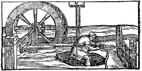 Darstellung eines mittelalterlichen, mit Wasserkraft betriebenen Schaukeldrahtzuges